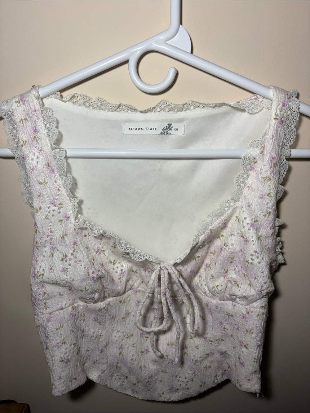 Altar'd State Cream Floral Lace-Trim Tie-Front Bandeau Top